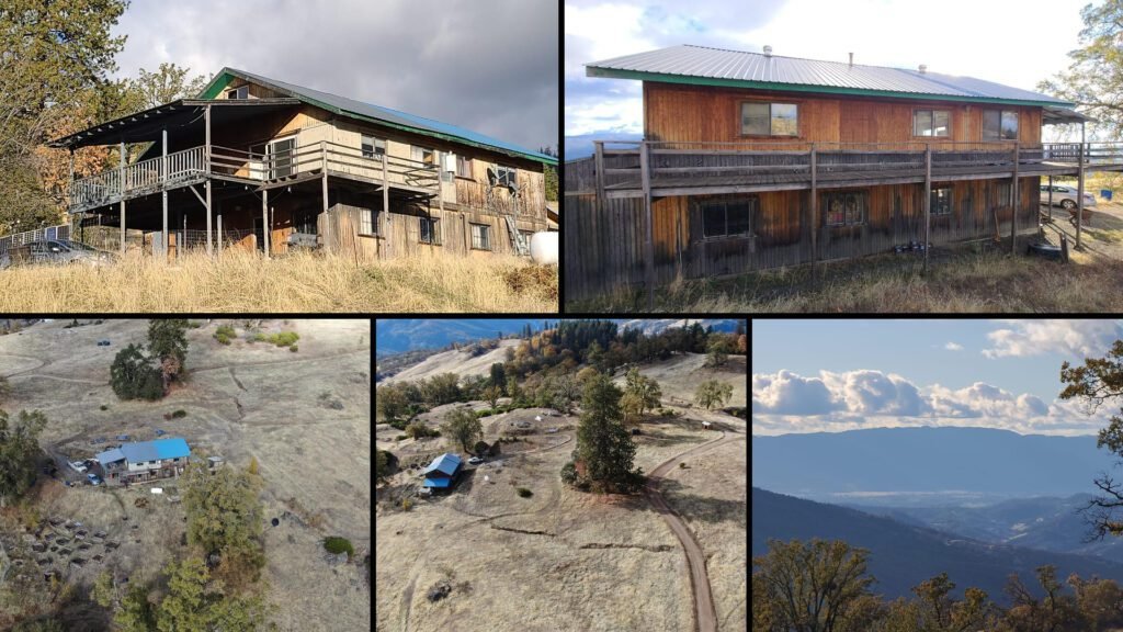 Exterior and land collage of a cheap farmhouse on 20 acres for sale in Covelo, California
