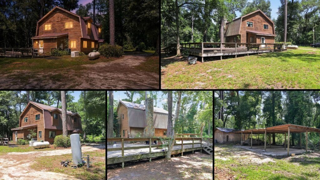 Exterior and land of a rural property for sale in Branford Florida — 5.15 open acres with a detached three-car carport, a shed, and chain-link fencing