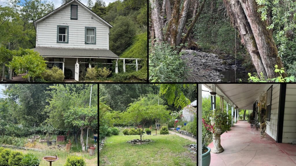 Exterior and land collage of a cheap farmhouse on 29.77 acres for sale in Cummings, California