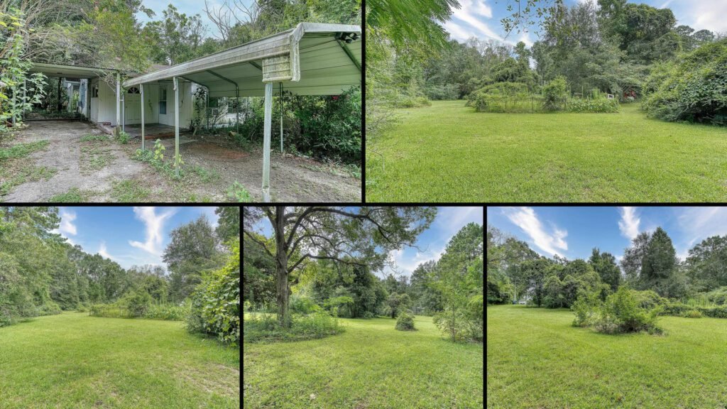 Exterior and land collage of a cheap home on 1.1 acres for sale in Kirbyville, Texas