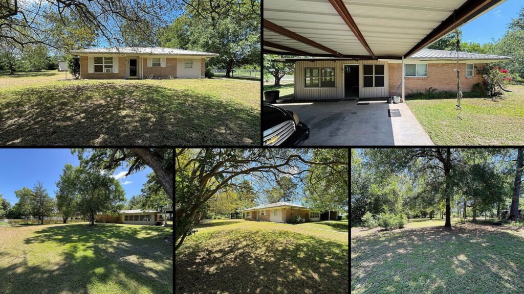 Exterior and land collage of a cheap home on 1 acres for sale in Groveton, Texas