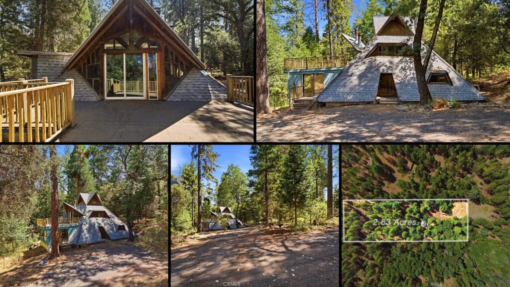 Exterior and land collage of a cheap farmhouse on 2.63 acres for sale in Magalia, California