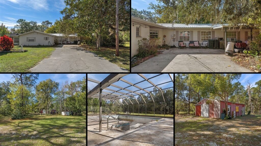 Exterior and land of a rural property for sale in Floral City Florida — 2.02 flat acres with an in-ground pool, a barn and a detached 30x30 garage