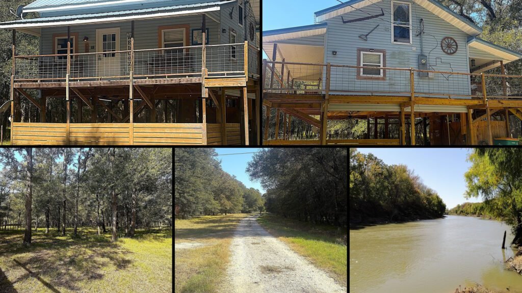 Exterior and land collage of a cheap cabin on 6.07 acres for sale in Centerville, Texas