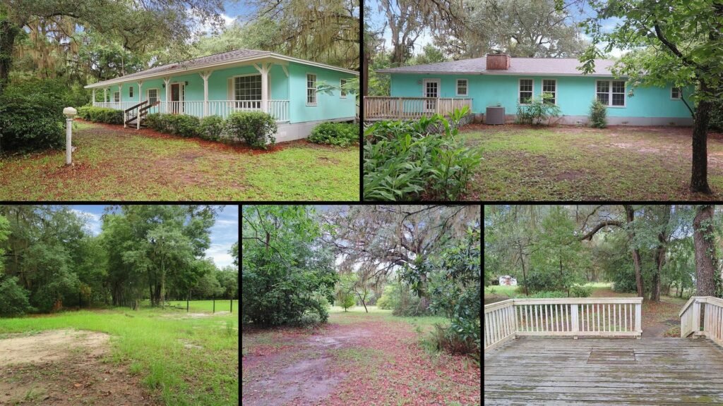 Exterior and land of a rural property for sale in Hawthorne Florida — 2.5 agricultural acres with deep covered porches front and back, a private well and septic