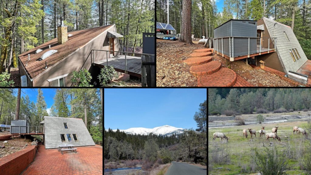 Exterior and land collage of a cheap farmhouse on 1.15 acres for sale in Potter Valley, California