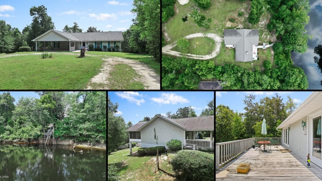 Exterior and land of a rural property for sale in Kinard Florida — 2.25 waterfront acres on the Dead Lakes with an oversized rear deck and enclosed under-house storage