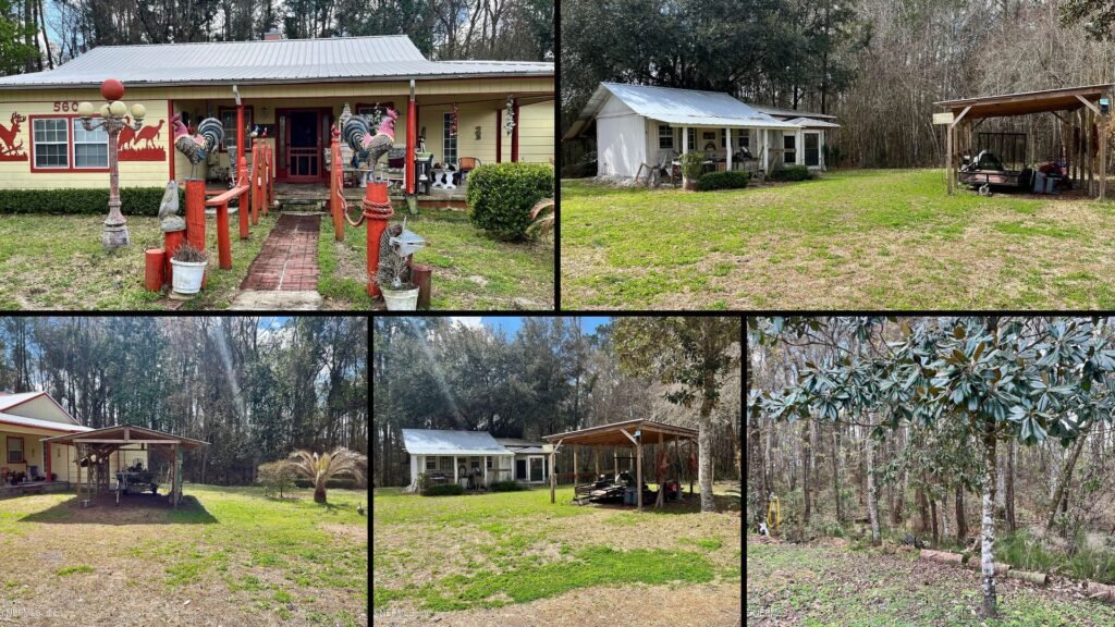 Exterior and land of a rural property for sale in Lake Butler Florida — 7.93 wooded acres with over 800 ft of paved road frontage, a circular driveway and two carports