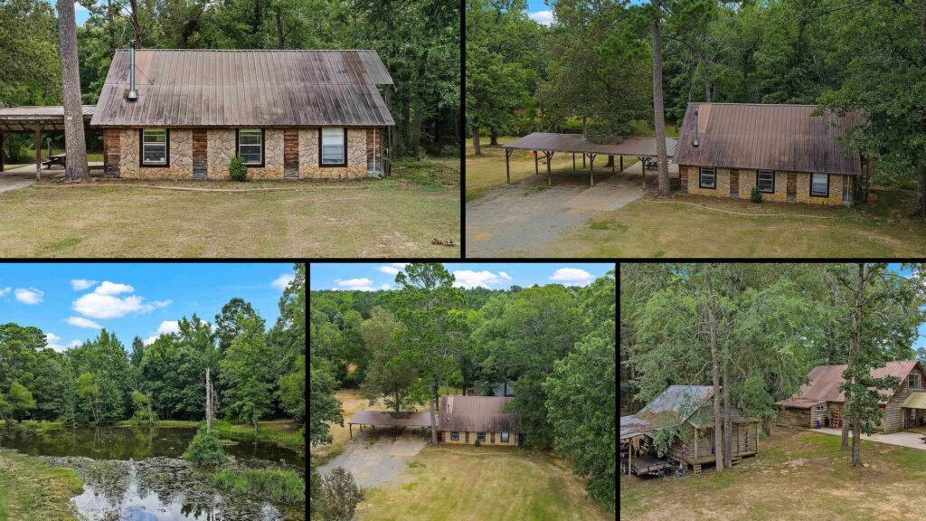 Exterior and land collage of a cheap log home on 2.07 acres for sale in Waskom, Texas