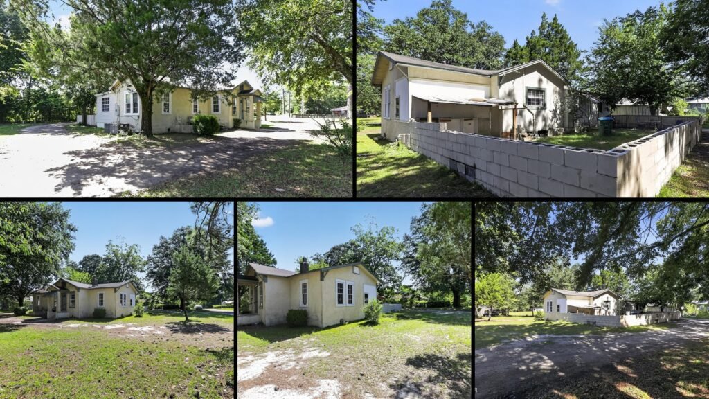 Exterior and land of a rural property for sale in Marianna Florida — just over a third of an acre in town, partially fenced under mature shade trees