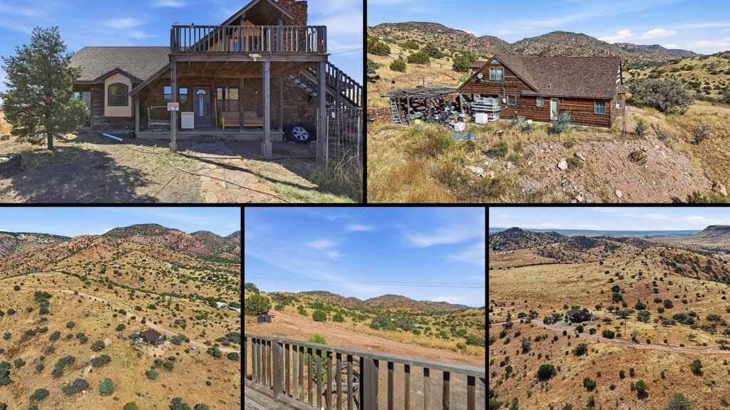 Exterior and land collage of a cheap mountain home on 10.89 acres for sale in Fort Davis, Texas