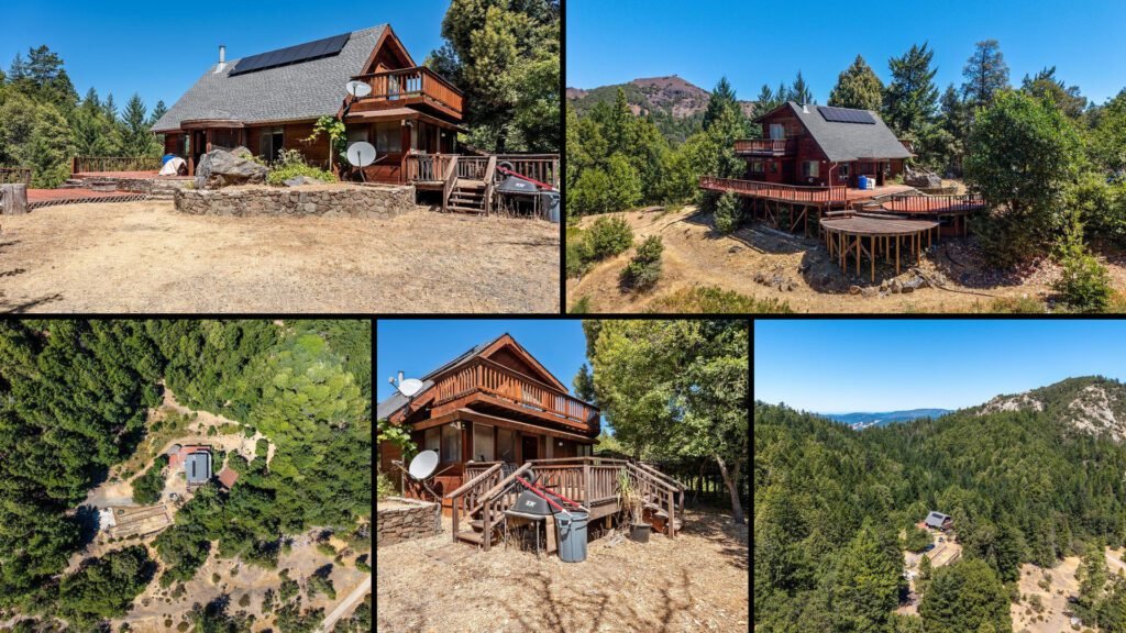 Exterior and land collage of a cheap farmhouse on 26 acres for sale in Laytonville, California