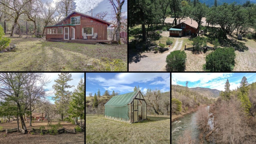Exterior and land collage of a cheap farmhouse on 12.57 acres for sale in Hyampom, California