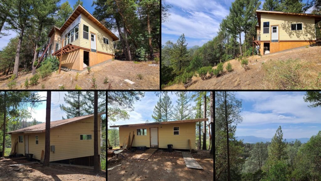 Exterior and land collage of a cheap farmhouse on 8.98 acres for sale in Covelo, California