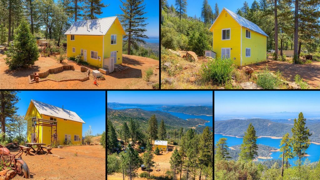 Exterior and land collage of a cheap farmhouse on 8.82 acres for sale in Berry Creek, California