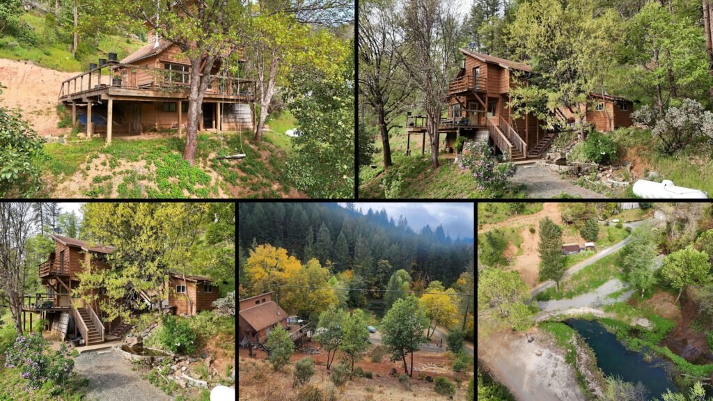 Exterior and land collage of a cheap farmhouse on 5.7 acres for sale in Douglas City, California
