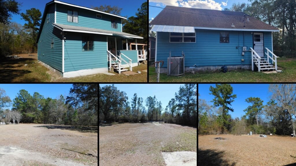 Exterior and land of a rural property for sale in Quincy Florida — 2.08 mostly cleared acres with partial fencing and an extra concrete foundation already poured