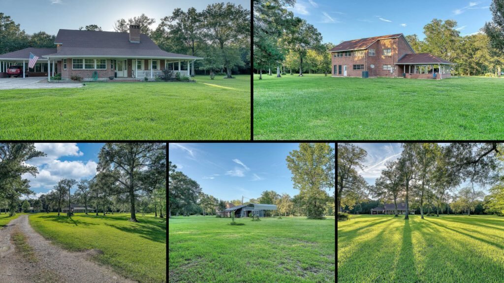 Exterior and land collage of a cheap farmhouse on 7.03 acres for sale in Beaumont, Texas