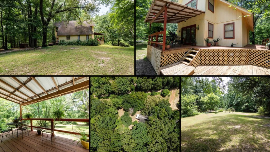 Exterior and land collage of a cheap farmhouse on 5.01 acres for sale in Diana, Texas