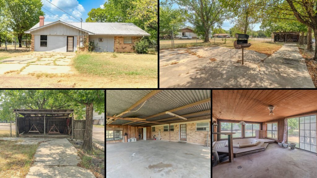 Exterior and land collage of a cheap home on 1.33 acres for sale in Talco, Texas