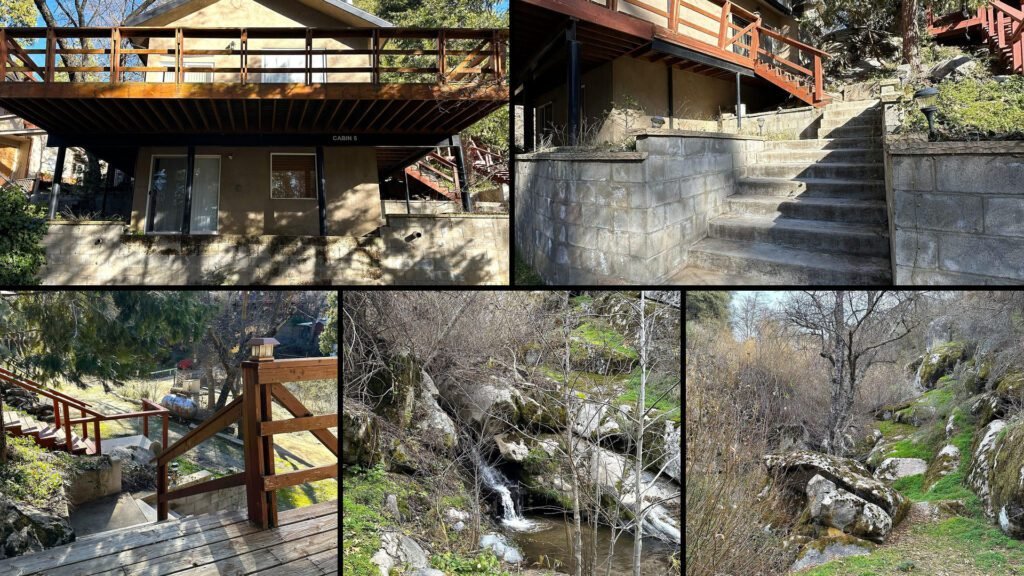 Exterior and land collage of a cheap mountain cabin for sale in Posey, California — $195,000