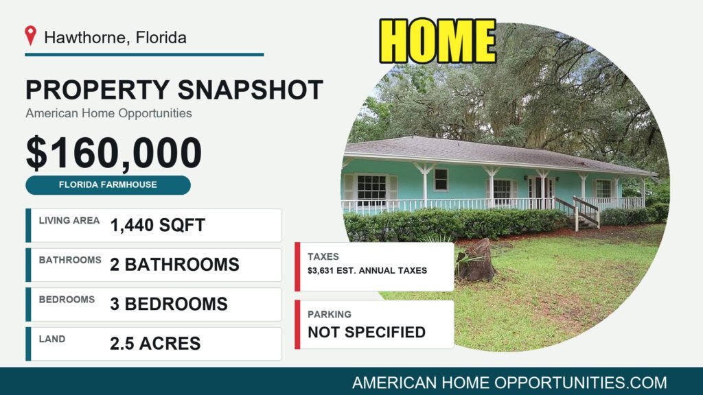 Price card for a rural property for sale in Hawthorne Florida — 2.5 acres, 3 bedrooms, $160,000