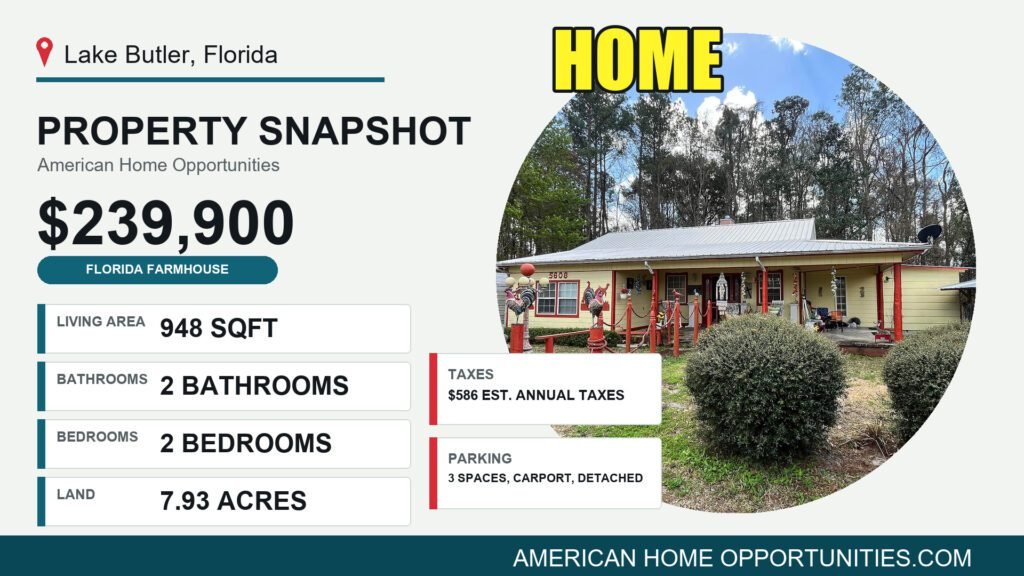 Price card for a rural property for sale in Lake Butler Florida — 7.93 acres, 2 bedrooms, $239,900