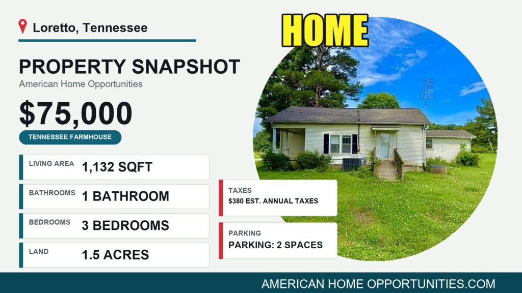 Price card for a rural property for sale in Loretto Tennessee — $75,000, 1.5 acres, 3 bedrooms