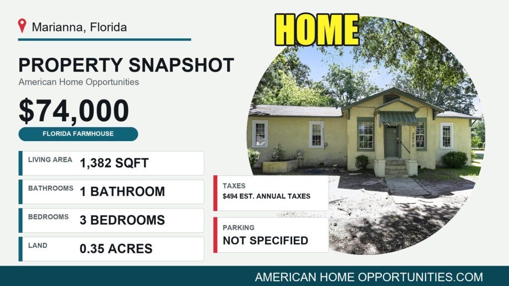 Price card for a rural property for sale in Marianna Florida — 0.35 acres, 3 bedrooms, $74,000