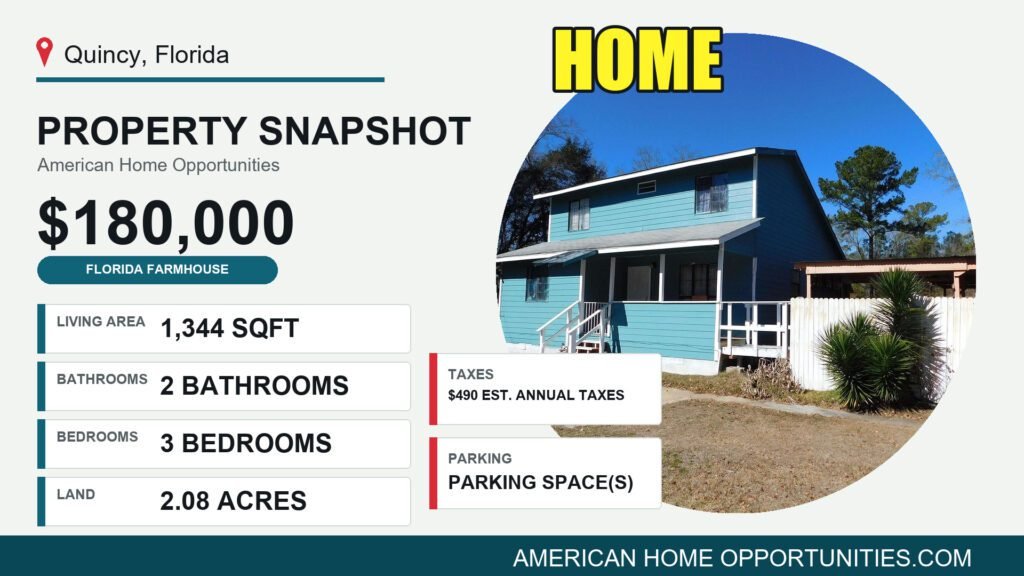 Price card for a rural property for sale in Quincy Florida — 2.08 acres, 3 bedrooms, $180,000