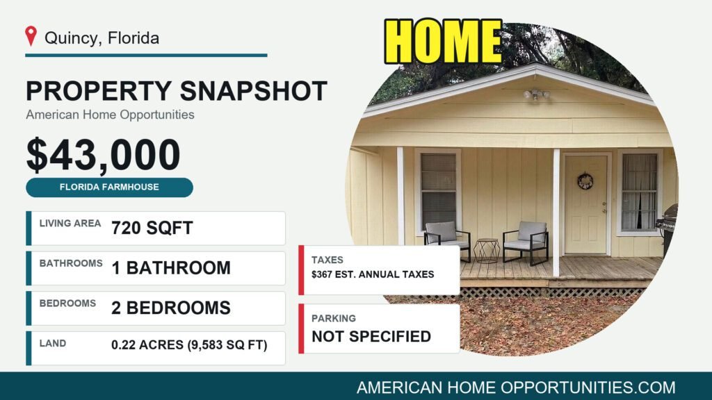 Price card for a rural property for sale in Quincy Florida — 0.22 acres, 2 bedrooms, $43,000
