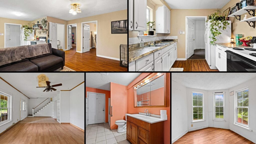 Interior collage of a cheap farmhouse for sale in Gilmer, Texas — 23.04 acres at $259,900