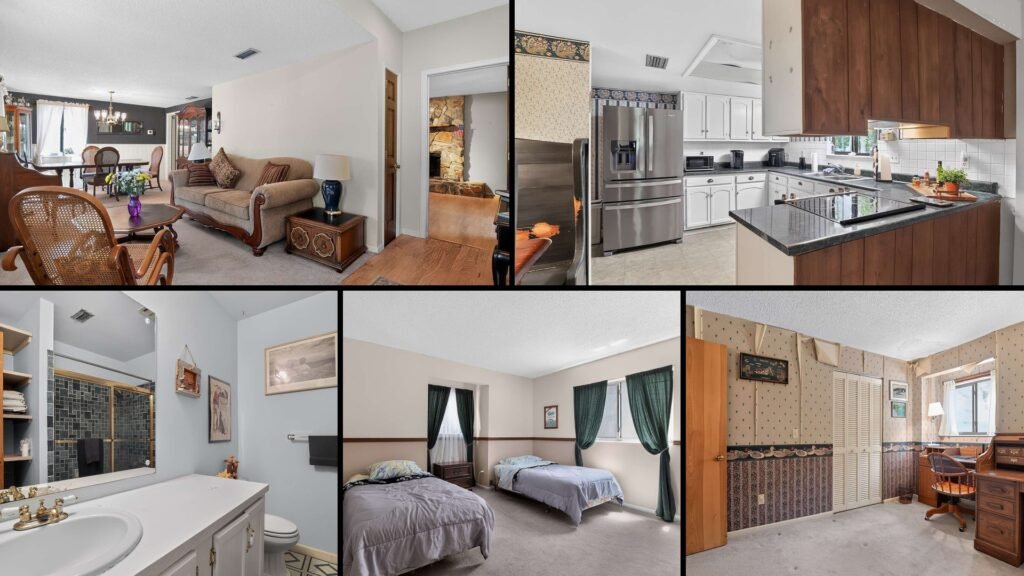 Interior of a rural home for sale in Branford Florida — 3 bedrooms, 2 full baths and a half bath across 1,720 sq ft, with a wood-burning fireplace and a separate dining room