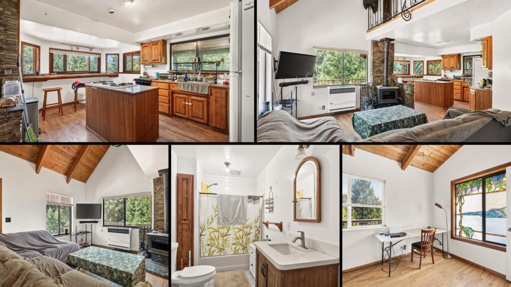 Interior collage of a cheap farmhouse for sale in Laytonville, California — 26 acres at $259,000