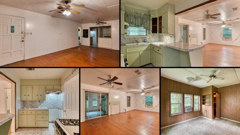 Interior collage of a cheap home for sale in Kirbyville, Texas — 1.1 acres at $49,500
