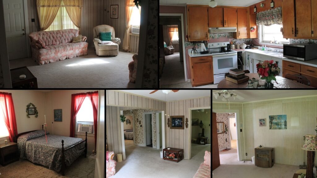 Interior of a rural home for sale in Graceville Florida — 2 bedrooms and 2 full baths across 1,244 sq ft, with two separate living areas and original cabinetry