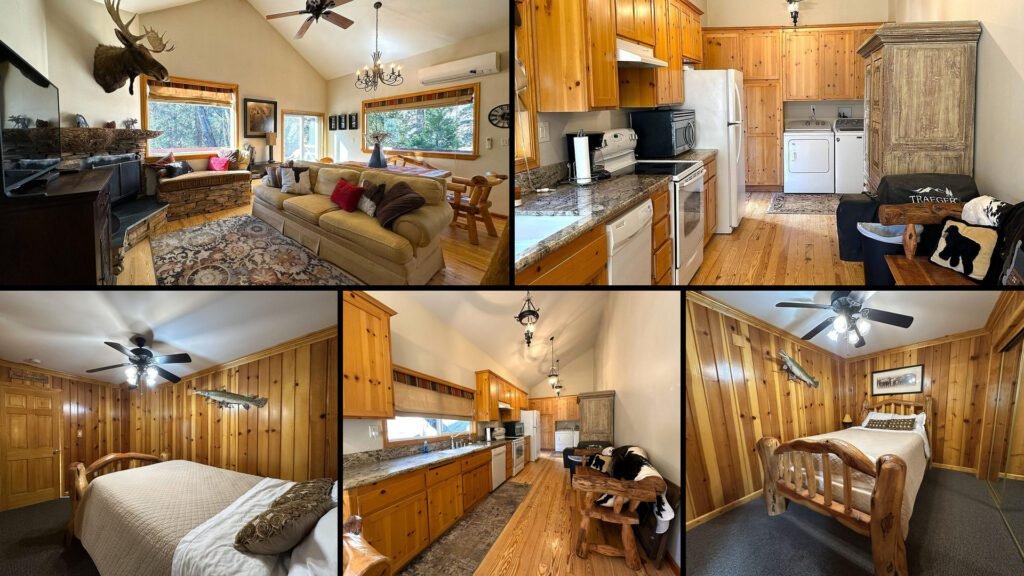 Interior collage of a cheap mountain cabin for sale in Posey, California — 1,312 sq ft at $195,000
