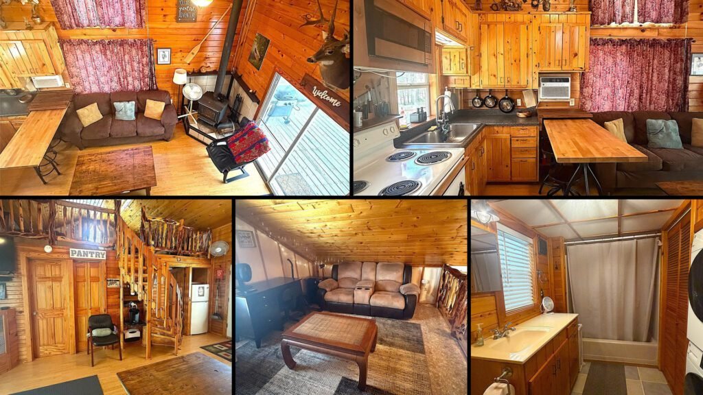 Interior collage of a cheap cabin for sale in Centerville, Texas — 6.07 acres at $155,000