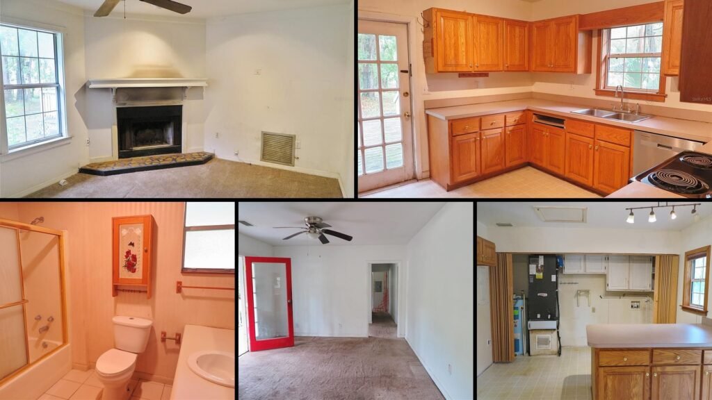Interior of a rural home for sale in Hawthorne Florida — 3 bedrooms and 2 full baths across 1,440 sq ft on one level, with a wood-burning fireplace