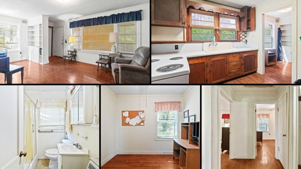 Interior of a rural home for sale in Jay Florida — 2 bedrooms and 1 bath in 891 sq ft, with original hardwood floors, crown molding and a farmhouse sink