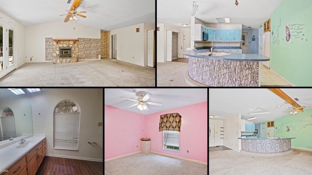 Interior of a rural home for sale in Kinard Florida — 3 bedrooms and 2 baths across 2,152 sq ft, with a glass back wall and a 15x25 ft living room
