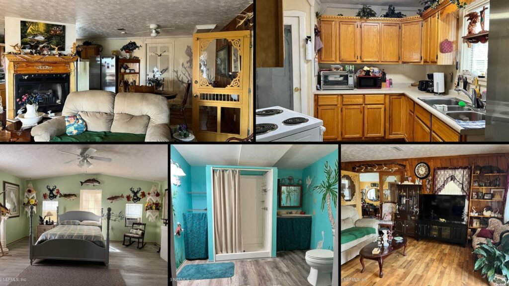Interior of a rural home for sale in Lake Butler Florida — 2 bedrooms and 2 full baths in 948 sq ft, with a split-bedroom layout and concrete and wood floors