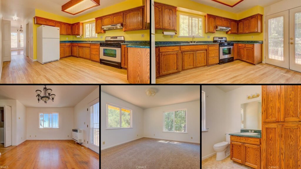 Interior collage of a cheap farmhouse for sale in Berry Creek, California — 8.82 acres at $259,000