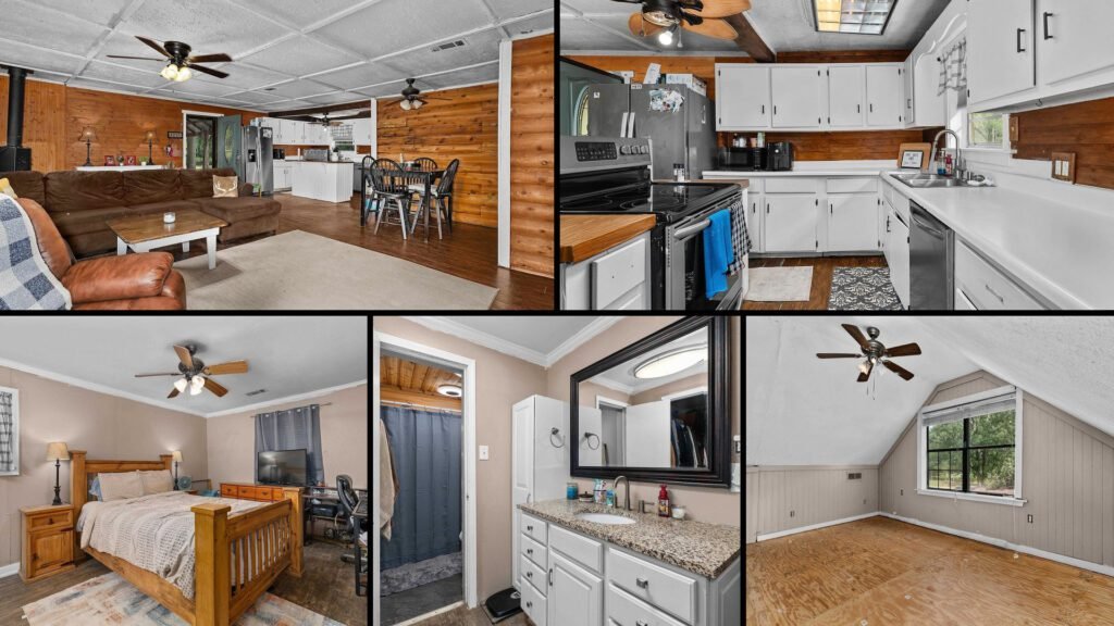 Interior collage of a cheap log home for sale in Waskom, Texas — 2.07 acres at $199,900