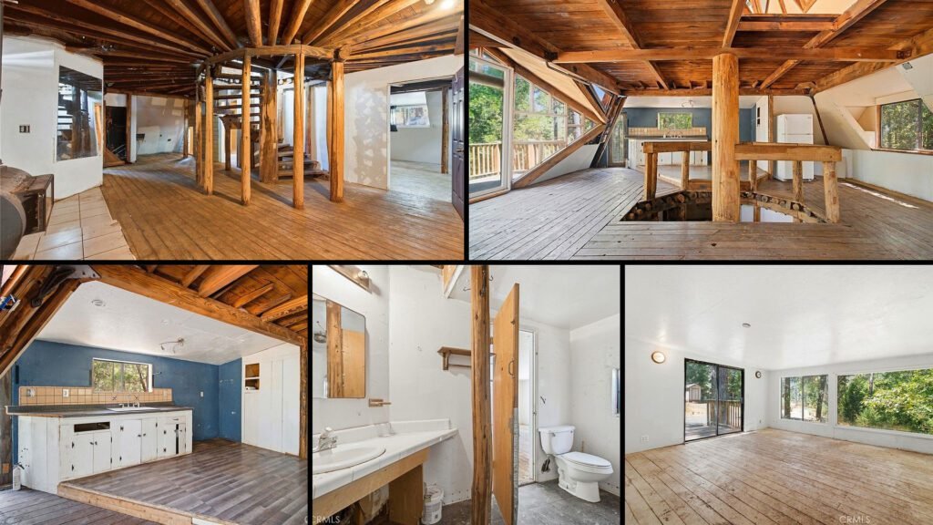 Interior collage of a cheap farmhouse for sale in Magalia, California — 2.63 acres at $125,000
