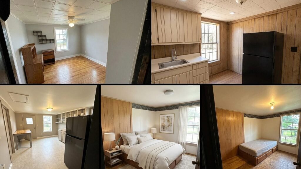 Interior of a rural home for sale in Quincy Florida — 2 bedrooms and 1 bath in 720 sq ft, with wood paneling, hardwood in the living space and central air
