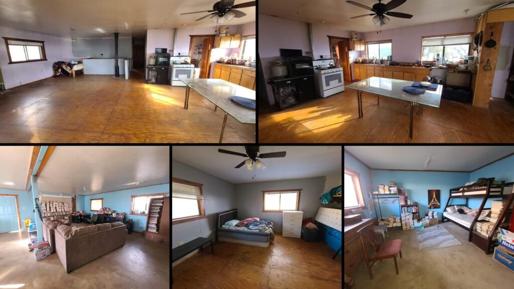Interior collage of a cheap farmhouse for sale in Covelo, California — 20 acres at $114,000