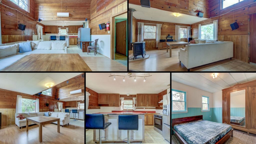Interior collage of a cheap farmhouse for sale in Hyampom, California — 12.57 acres at $249,000