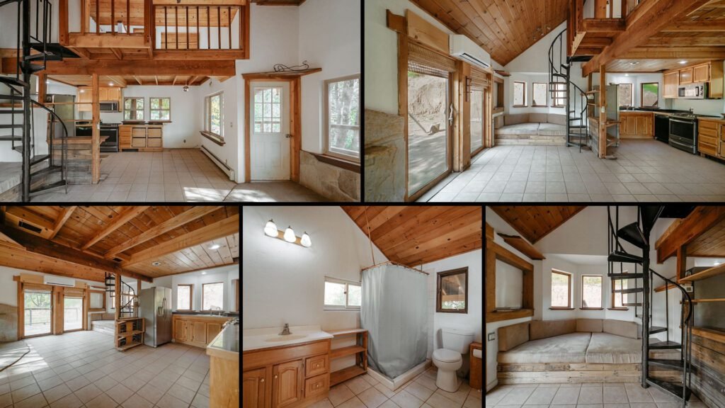 Interior collage of a cheap farmhouse for sale in Douglas City, California — 5.7 acres at $214,500