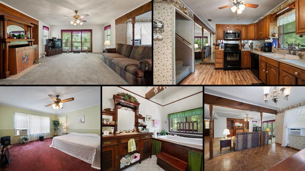 Interior collage of a cheap farmhouse for sale in Diana, Texas — 5.01 acres at $209,900